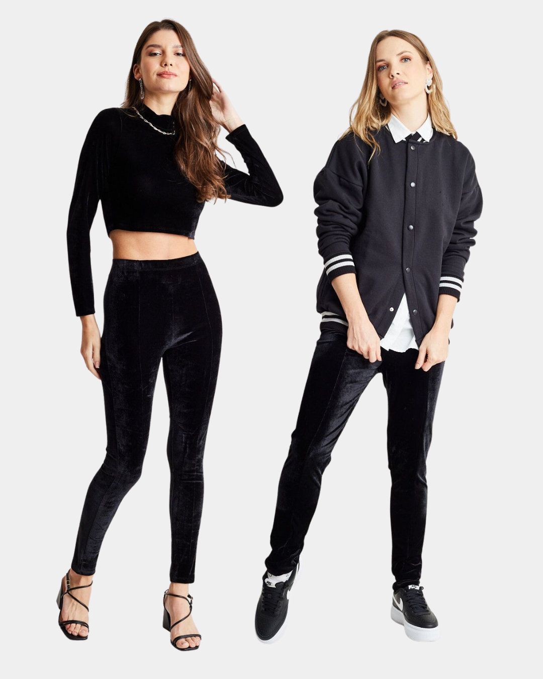 duas opções de looks com calça legging veludo preto gang feminina - estilo dark suave