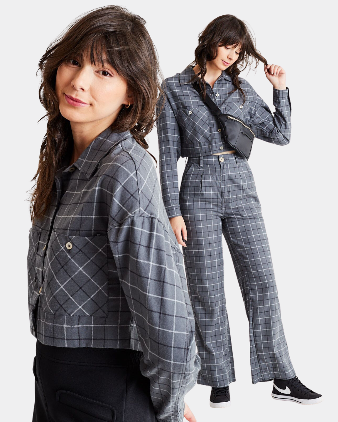 modelo veste conjunto xadrez cinza, camisa cropped e calça xadrez cinza gang feminina - estilo dark suave